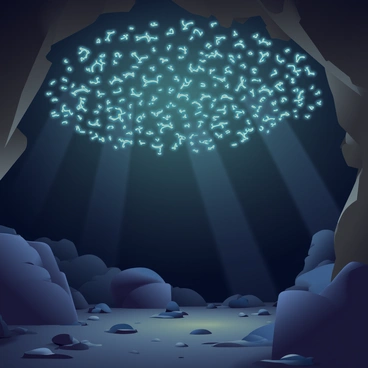 A cave ceiling is filled with numerous glowworms, their soft blue-green lights resembling tiny flames flickering against the dark background. The glowworms are clustered closely together, creating a starry effect as they illuminate the rocky surface above. The cave walls are rough and jagged, with shades of deep gray and brown contrasting with the vibrant glow of the worms. Shadows dance around the cave due to the flickering lights, enhancing the mysterious atmosphere of the underground space. The floor of the cave is uneven, covered in dark stones and patches of damp earth.