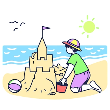 A child is building a sandcastle on a beach. The child, wearing a colorful sun hat and a bright t-shirt, is kneeling in the sand, using a red bucket and a small yellow shovel to shape the castle. The sandcastle has tall towers and a wide moat surrounding it. In the background, the ocean waves are gently rolling in, creating a rhythmic pattern on the shoreline. Seagulls can be seen flying above, and a beach ball is lying nearby, partially buried in the sand. The sun is shining brightly, casting soft shadows around the scene.