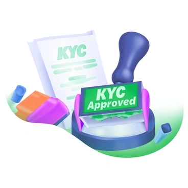 A large rubber stamp is prominently displayed, featuring the words "KYC Approved" inked in bright green. The stamp has a textured handle for grip, and the base shows clear details of the rubber surface where the ink has saturated. Surrounding the stamp are several ink pads in various colors, including blue, red, and black, along with an open document that has a watermark visible.