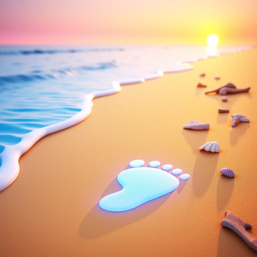 A sandy beach with fine golden sand stretching across the shoreline. The surface of the sand features a "glowing digital footprint" imprint, radiating a soft blue and white light. Gentle waves lap at the edge of the beach, creating a slight shimmer in the water. The sun is setting on the horizon, casting warm hues of orange and pink across the sky. Small seashells and pieces of driftwood are scattered along the beach, adding texture to the scene.