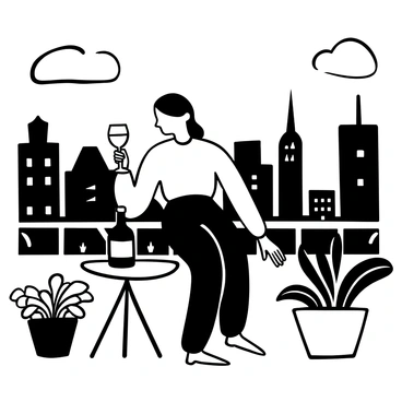 A serene evening scene with Mrs. Dalloway enjoying a glass of wine on her balcony, overlooking the city.