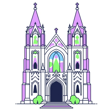 An intricate gothic cathedral stands majestically with towering spires reaching towards the sky. The façade features detailed carvings of various figures and ornate designs. Stained glass windows, adorned with vibrant imagery, are set into the walls, casting colorful patterns of light on the ground below. The entrance is framed by an elaborate archway, and intricate stonework can be seen in the buttresses that support the structure. In front of the cathedral, there is a cobblestone pathway leading to the grand entrance, lined with small shrubs.