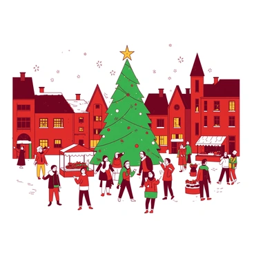 A red bustling town square is filled with people enjoying the festive atmosphere of Christmas. In the center of the square, there is a large green Christmas tree adorned with colorful ornaments and twinkling lights. Surrounding the tree, a group of cheerful carolers dressed in warm winter clothing is singing festive songs. Snowflakes drift gently from the sky, and the ground is covered in a light dusting of snow, adding to the holiday spirit. Small stalls selling holiday treats and decorations are scattered around the square, with colorful banners fluttering in the winter breeze.