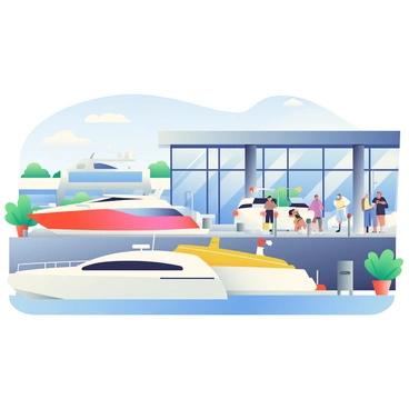 A boat dealership is situated along a marina with a clear blue sky overhead. In the foreground, there are several boats and yachts of different sizes on display. A large white yacht with sleek lines is positioned prominently, alongside smaller motorboats painted in vibrant colors like red and yellow. The dealership building is modern, with large glass windows reflecting the sunlight. Docking stations and safety barriers are visible in the background, and there are several people walking around, examining the boats and chatting. Potted plants in bright green pots are placed along the walkway, adding a touch of greenery to the scene.