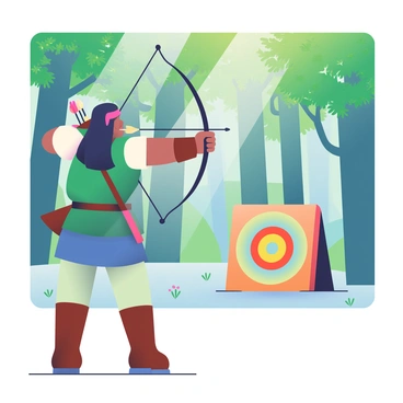 An archer with medium skin and long black hair is standing in a focused stance, aiming an arrow with a bow towards a target. The archer is wearing a green tunic and brown leather bracers. In the background, there is a dense forest with tall trees featuring lush green leaves and scattered sunlight filtering through the canopy. The target is a circular wooden board with concentric rings painted in bright colors, placed a few meters away on the ground. A quiver filled with arrows hangs at the archer's side, and small wildflowers are visible at the forest floor.