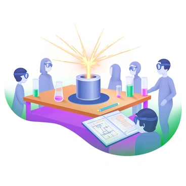 A Tesla coil positioned on a wooden table is actively emitting bright, crackling sparks of electricity that stretch into the air. The surrounding area is filled with a faint blue glow resulting from the electric arcs. Nearby, there are glass beakers and test tubes filled with colorful liquids, along with a notebook displaying diagrams of electrical circuits. A small audience is gathered around, with a few individuals wearing safety goggles, clearly engaged in the demonstration.