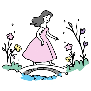 A young woman wearing a flowing, elegant ball gown is crossing a delicate bridge. The gown is adorned with intricate details and has a soft, pastel color. The bridge, made of shimmering stones, arches gracefully over a sparkling stream below. The surroundings are filled with lush greenery and whimsical flowers in vibrant colors. In the background, towering trees with twisted branches create a captivating atmosphere. The young woman has long, flowing hair that gently waves in the breeze as she walks, exuding a sense of wonder and grace.