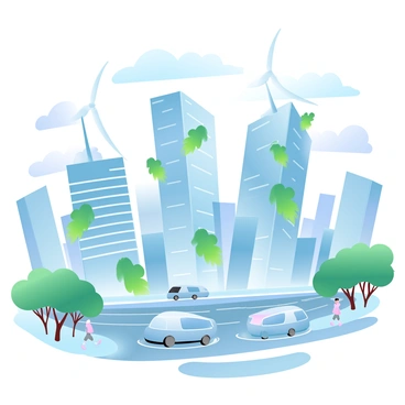 A sprawling futuristic cityscape is visible, showcasing towering buildings made of sleek glass and metal. Wind turbines are integrated into the architecture, spinning gently in the breeze. Solar panels cover the rooftops, reflecting sunlight in various angles. Lush vertical gardens climb the sides of buildings, with vibrant greenery contrasting against the modern structures. In the foreground, a network of electric vehicles glides silently along clean streets, while pedestrians walk under canopies of trees. The sky is painted with soft gradient pastel colors, creating a serene backdrop for this eco-friendly metropolis.