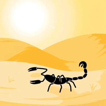 A scorpion with a shiny black exoskeleton is navigating through golden sandy dunes. The sun is high in the sky, casting strong rays that create sharp shadows in the sand. The dunes have gentle curves and peaks, with ripples formed by the wind. Tiny grains of sand are glistening under the sunlight. The scorpion’s pincers are raised slightly as it moves, and its long tail is curved behind it, ready to strike. Sparse patches of dry vegetation are scattered around, contrasting with the smooth sand.