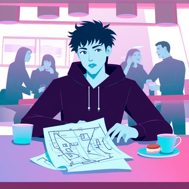 A thief sketching an elaborate escape plan on a napkin in a busy café.