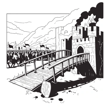 A medieval castle drawbridge under siege, with flames licking the wooden beams