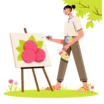A painter stands at an easel in an outdoor setting, focused on creating a painting of ripe red raspberries. The canvas shows vibrant clusters of raspberries, with their textured surface and green leaves surrounding them. The painter is using a palette filled with various colors and a brush poised above the canvas. Sunlight filters through nearby trees, casting dappled light on the scene, while a few wildflowers bloom in the grass around the painter's feet.