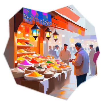 A vibrant Turkish bazaar bustling with activity, showcasing an array of colorful spices neatly arranged in burlap sacks. Rich reds, yellows, and greens dominate the spice display, creating a vivid scene. There are beautifully patterned fabrics draped over wooden stalls, featuring intricate designs in deep blues and bright oranges. Ornate lanterns hang from above, their glass panes reflecting light in various colors, casting a warm glow on the scene. The stalls are surrounded by shoppers admiring the goods, creating a lively atmosphere filled with cultural richness.