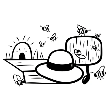 A beekeeper's hat with a veil is placed on a wooden surface, surrounded by several buzzing bees in various positions. In the background, there is a beehive made of straw, with some bees flying in and out of its openings. The scene depicts the busy activity of bees, with others resting on the hat and near the hive. The overall composition captures the interaction between the beekeeper's equipment and the bees in their natural environment.