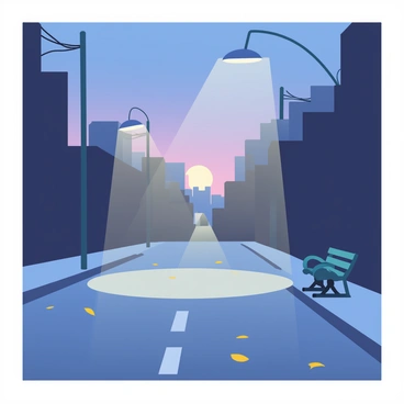 An empty street at dusk is illuminated by flickering streetlights casting long shadows across the pavement. The sky is a gradient of deep blue and soft purple as the sun sets on the horizon. Patches of light from the streetlights create circles of brightness on the ground, while the surrounding buildings are silhouetted against the darkening sky. The absence of people enhances the feeling of abandonment, with a few scattered leaves blowing gently in the breeze. A lone bench sits at the edge of the sidewalk, slightly worn and inviting, yet empty.