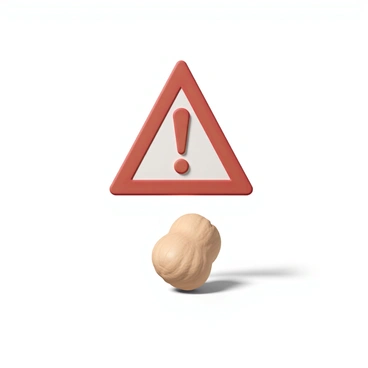 A single peanut, with its light brown shell and textured surface, is placed in the center of the image. Above the peanut, there is a bold red warning sign, shaped like an equilateral triangle, featuring an exclamation mark in the center. The sign is floating and casting a subtle shadow on the peanut, emphasizing the alertness of the warning. The background is a simple light color, which contrasts with the vivid red of the sign, making it stand out prominently.