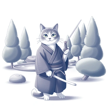 A cat dressed in a traditional samurai outfit stands poised in a Japanese garden. The cat's outfit features intricate patterns and a small sash around its waist. In its paw, it holds a tiny katana, glimmering subtly in the light. Surrounding the cat are lush green trees and neatly trimmed shrubs, along with carefully arranged rocks and a small koi pond in the background. The setting reflects a serene, harmonious atmosphere typical of a traditional Japanese garden.