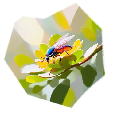 An insect with a slender body and delicate wings is crawling on a vibrant grevillea leaf, showcasing its intricate details. The grevillea leaf is a rich green color with serrated edges, glistening in the light. The background features blurred greenery that enhances the focus on the insect and the leaf. Sunlight filters through the leaves, creating dappled light patterns on the surface. This scene illustrates the dynamic relationship between the insect and the botanical environment.