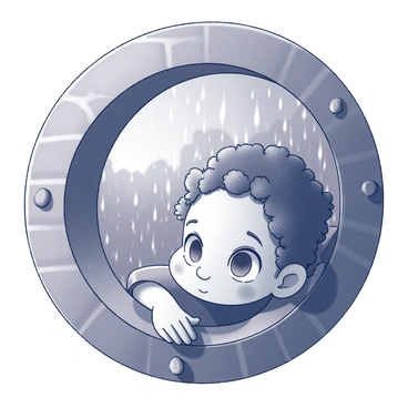 A hobbit peering out from a round window, watching raindrops trickle down