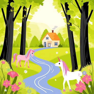 A dense forest filled with tall, green trees with thick trunks and lush foliage. The forest floor is covered in vibrant, colorful flowers and soft moss. In the background, a gentle stream flows with sparkling blue water. A bright, golden light filters through the leaves, creating a warm glow. "Magical fairytale" elements include whimsical creatures like small fairies with iridescent wings and a friendly unicorn grazing near the stream. In the distance, a cozy little cottage with a thatched roof is nestled among the trees, with smoke gently rising from the chimney.