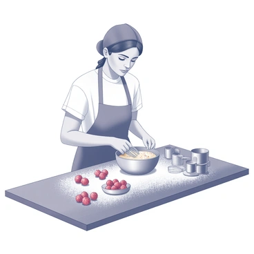 A baker is at a wooden countertop, focused on preparing raspberry muffins. The baker is mixing a bowl of flour and other ingredients, with fresh raspberries scattered around the workspace. There are measuring cups and a whisk laid out next to the bowl. A few raspberries are also placed neatly in a small dish nearby. The scene captures the texture of the flour and the vibrant shape of the raspberries, emphasizing the baking process.