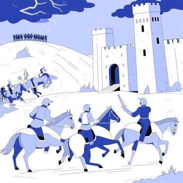 A group of knights in armor is charging towards a fortified castle. The knights are mounted on strong horses, wielding swords and shields, ready for battle. In the background, a line of archers is positioned on a hill, aiming their bows towards the castle walls. The castle stands tall with stone towers and battlements, displaying signs of resistance. Above them, a stormy sky looms, with dark clouds swirling and flashes of lightning illuminating the scene. The landscape includes a muddy ground, churned by the movement of the knights and horses, adding a sense of urgency to the attack.