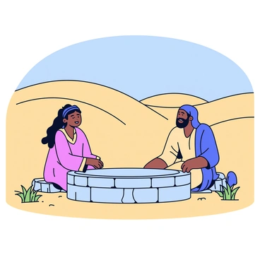 Jesus, a man with long hair and a beard, wearing a simple robe, is seated by a stone well. He is engaged in conversation with a Samaritan woman, who has long hair and is dressed in a flowing dress. The well is made of rough stones and surrounded by sparse desert vegetation. In the background, there are rolling sand dunes under a clear blue sky. The sun casts soft shadows on the ground around them.