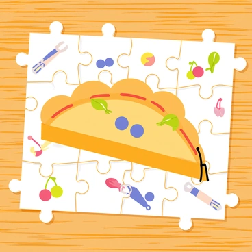 A whimsical puzzle with various colorful pieces fitting together to form a complete image of a pie. The pie has a golden brown crust, with a filling visible that includes slices of apples, blueberries, and cherries. Each puzzle piece features unique patterns and illustrations, such as fruits, utensils, and playful designs. The background is a textured wooden table surface beneath the assembled puzzle.