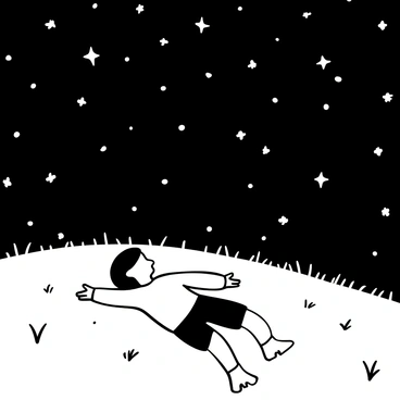 A child lying on a grassy hill, with their arms stretched out beside them. The hill is covered in tall grass and small wildflowers. Above the child, a vast expanse of sky filled with numerous stars twinkling brightly. The stars are in various sizes, illuminating the dark sky. The child is wearing a simple shirt and shorts, and their hair spreads out on the grass. The scene conveys a sense of peacefulness and wonder.