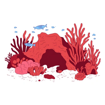 A red coral reef is teeming with life, featuring a variety of intricate coral formations in different shapes and sizes. Among the coral, there are several small blue and orange fish darting and swimming around. Some fish are hovering near the coral, while others are swimming in small schools. Sunlight filters through the water, creating shimmering patterns on the sandy ocean floor below. The scene captures the dynamic movement of the fish and the vibrant colors of the coral, emphasizing the beauty of the underwater habitat.