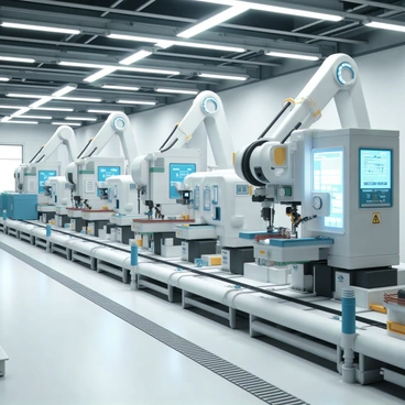 A high-tech robot factory filled with advanced machinery and assembly lines. The factory is brightly lit with overhead LED lights illuminating the space. On the assembly line, several robots are working efficiently, each performing a specific task, such as welding, painting, and assembling components. The machines have sleek designs with metallic surfaces reflecting the light, and various screens display data and process information. In the background, large robotic arms move with precision, showcasing the automation of the factory. The floor is designed with a grid pattern, and safety barriers are placed around the active work areas.