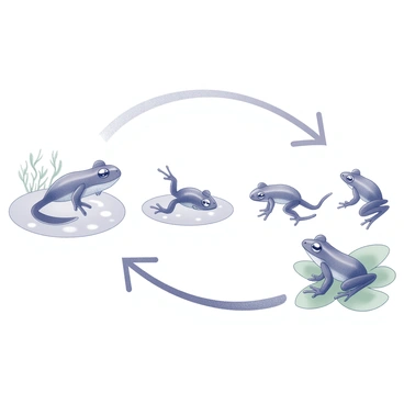 A sequence depicting the life cycle of a tadpole transforming into a frog. The first frame shows a small, elongated tadpole with a long tail swimming in clear water, surrounded by aquatic plants. The second frame illustrates the tadpole growing larger, with developing hind legs beginning to emerge. In the third frame, the tadpole has fully formed hind legs, and the tail starts to shorten, while the body shape begins to change. The final frame presents a fully developed frog, with well-defined limbs and a rounded body, perched on a lily pad, surrounded by green leaves and rippling water.