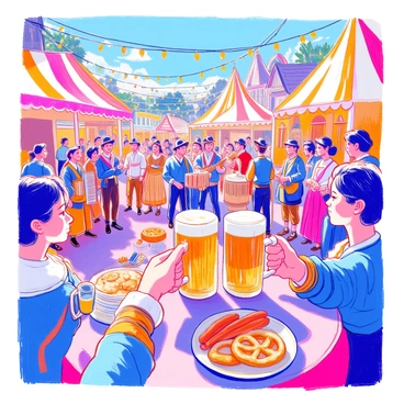 A beer festival is taking place in an open-air venue filled with colorful tents and banners. Groups of people are standing together, clinking their mugs filled with frothy beer, showcasing a variety of beer styles. Some of the attendees are wearing traditional festival attire, such as lederhosen and dirndls. In the background, a band is performing on a small stage, with musicians playing instruments such as an accordion and drums. Festive lights are strung overhead, adding to the vibrant ambiance. Tables are set up with plates of pretzels and sausages, enriching the scene.