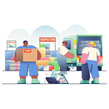 A group of customs officers is inspecting goods at a border checkpoint. One officer, with dark skin and short black hair, is examining a large cardboard box labeled with a red "Fragile" sticker. Another officer, with light skin and blonde hair tied back, is checking a suitcase that is partially open, revealing clothing inside. Next to them, a border checkpoint sign is visible, indicating the area is under inspection. In the background, a truck can be seen parked with its back open, displaying various crates and pallets stacked inside. The scene is well-organized, with several storage containers and a clear blue sky above.