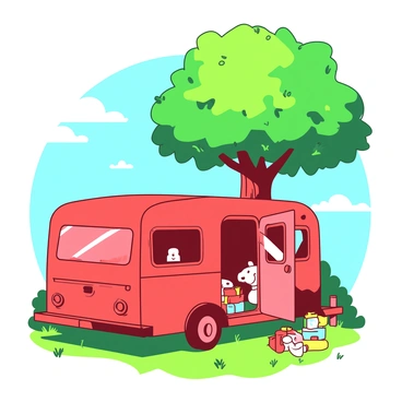 A red Maileg caravan is parked under a large green tree in a sunny park. The caravan is open, revealing a collection of toys inside, including plush animals and colorful building blocks. Sunlight filters through the leaves of the tree, casting playful shadows on the ground. In the background, there is a blue sky dotted with fluffy white clouds. The grass beneath the tree is lush and vibrant.