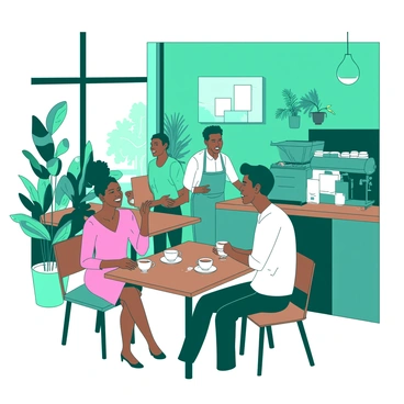 A teal café with large windows allowing sunlight to stream in, illuminating the space. Several fashionable people are seated at wooden tables, engaged in animated conversations while holding cups of white coffee. A woman in a stylish pink dress laughs as she gestures with her hands, while a man in a white shirt leans in closer, smiling. The walls of the café are adorned with modern artwork in shades of teal and white, and lush green plants are placed in various corners, adding vibrancy to the environment. A barista in a teal apron is busy at the espresso machine behind the counter, preparing drinks with precision.