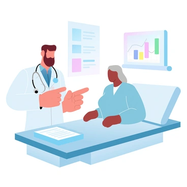 A doctor in a white coat is standing beside an elderly patient who is sitting on an examination table. The doctor has a stethoscope around his neck and is pointing at a chart that is visible nearby. The elderly patient has gray hair and is wearing a light blue hospital gown. Both are engaged in a light-hearted moment, with the patient leaning slightly forward, conveying a sense of joy. A medical instrument tray is positioned next to the examination table, and a colorful poster related to health is hanging on the wall in the background.