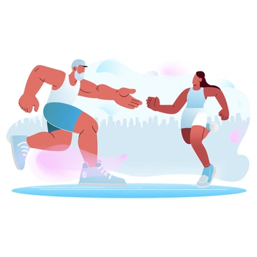 An older athlete with a fit physique is extending a hand to pass a baton to a younger runner during a relay race. The older athlete is wearing a tank top and shorts, showcasing their muscular arms and strong posture. The younger runner is in a light athletic outfit, eagerly reaching out with both hands towards the baton. The background shows a running track with vibrant markings and cheering spectators in the stands. The atmosphere conveys a sense of teamwork and tradition, with a focus on the moment of handoff between the two athletes.