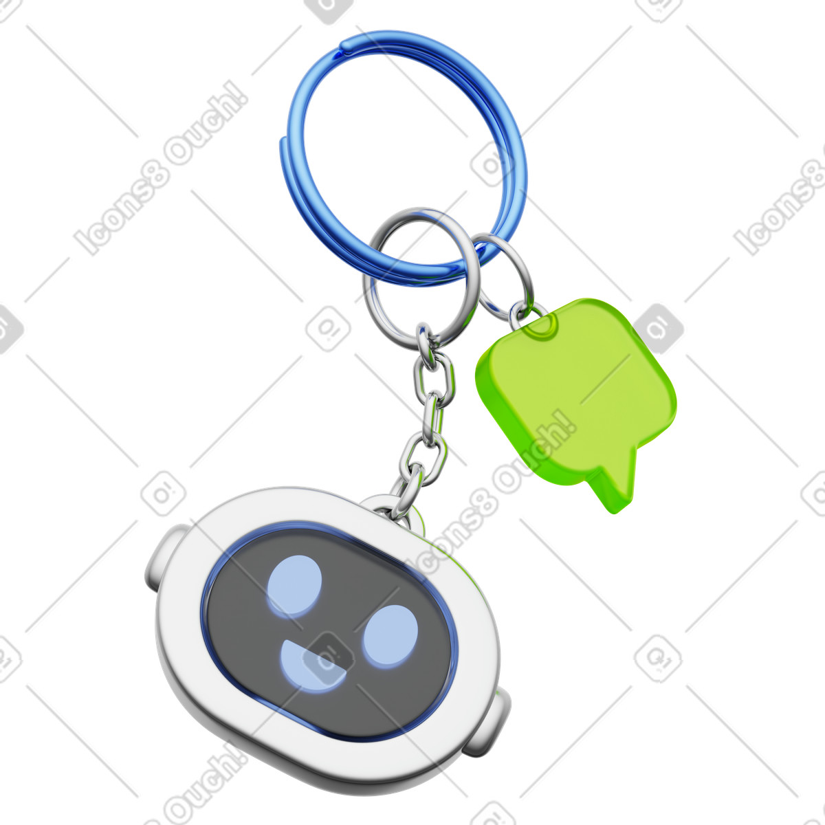 AI robot head keychain with speech bubble charm, tech merch and accessory illustration in PNG, SVG
