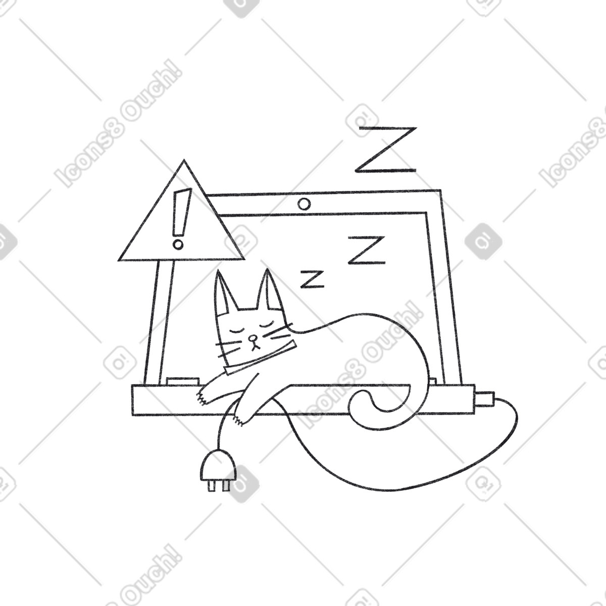 Cat napping on a disconnected device illustration, representing network error clipart in SVG and GIF