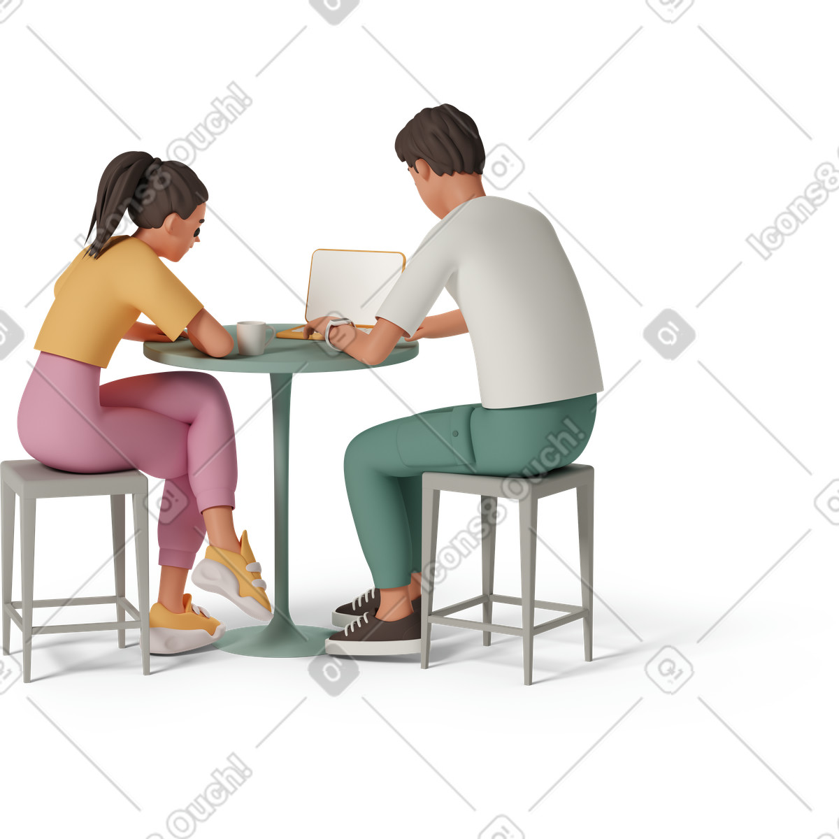 下载 3D Casual life 风格的 Girl and boy working together in front of laptop 插画，支持 PNG、SVG 格式