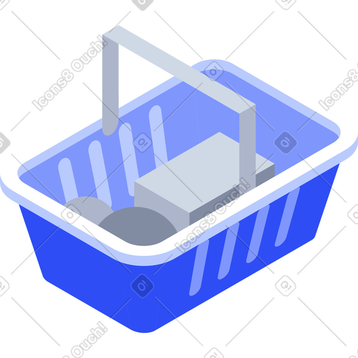 下载 System 风格的 Blue retail shopping basket with grey groceries 插画，支持 PNG、SVG 格式