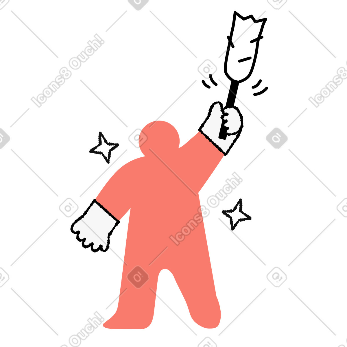 Illustration Cleaner character holding duster wearing gloves with shining sparkle stars dans le style Bold People à télécharger aux formats PNG, SVG