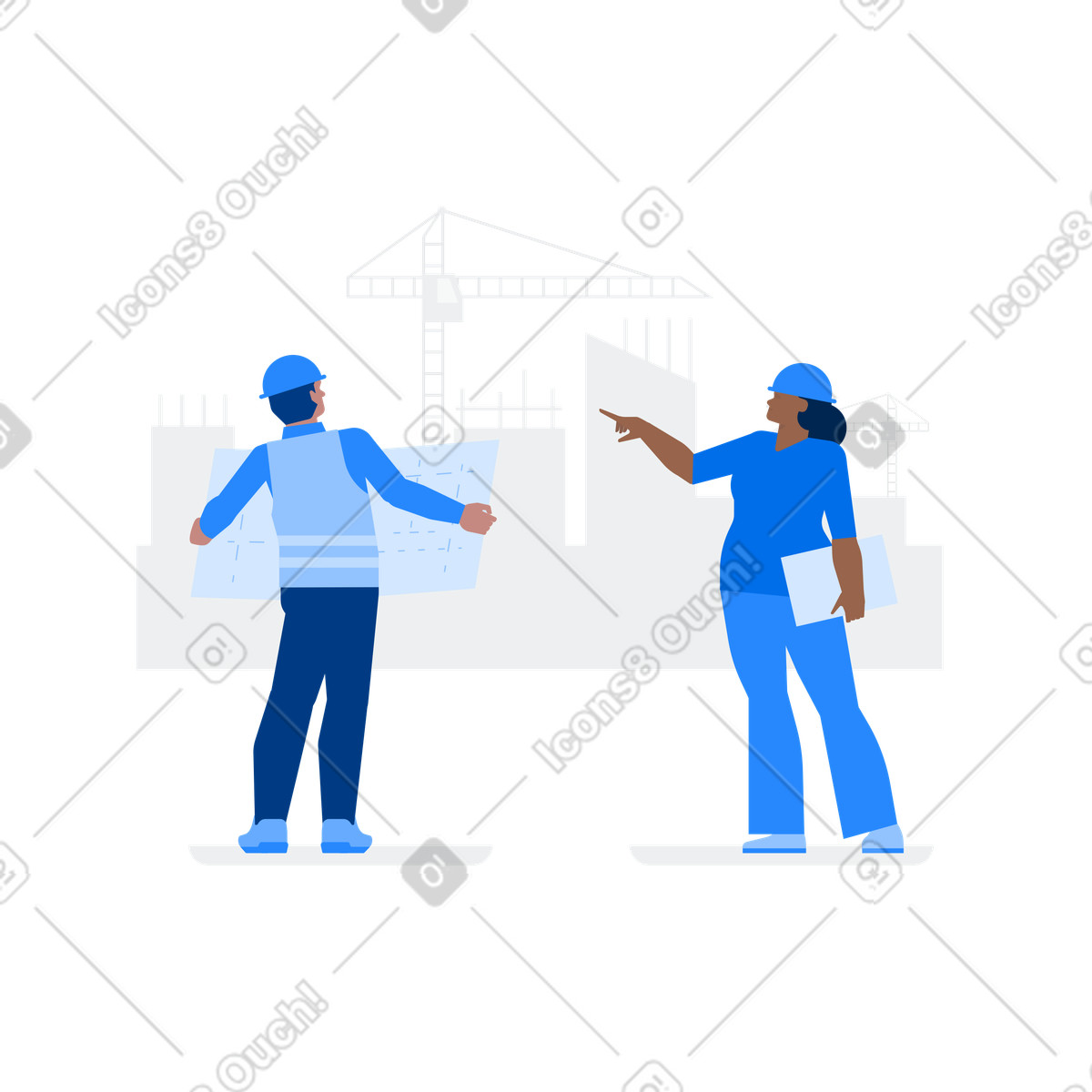 Engineers with blueprints at construction site, Architectural project management illustration in PNG, SVG