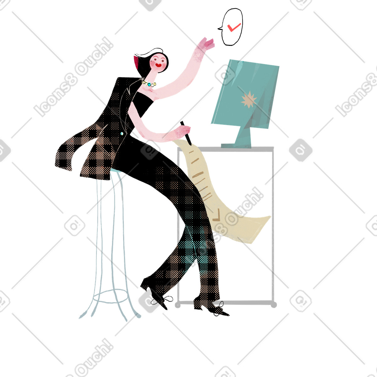 Ilustração de Customer at desk with monitor and printed bill, Payment processed or successful transaction em no estilo Fabulous para baixar em PNG, SVG