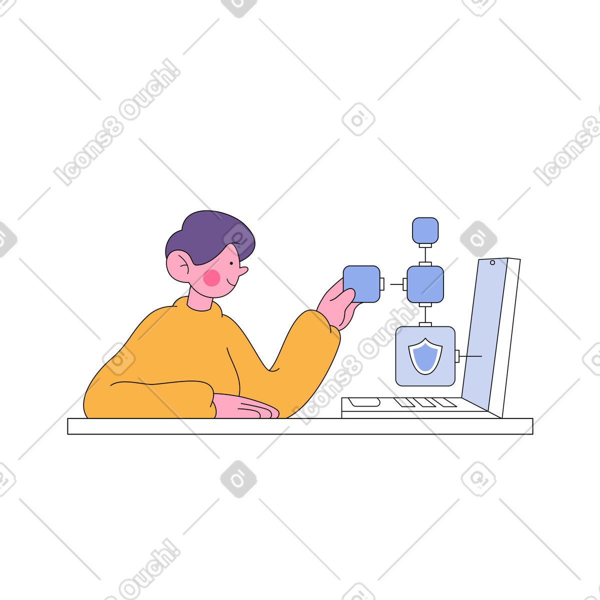 Man is building a blockchain illustration in PNG, SVG