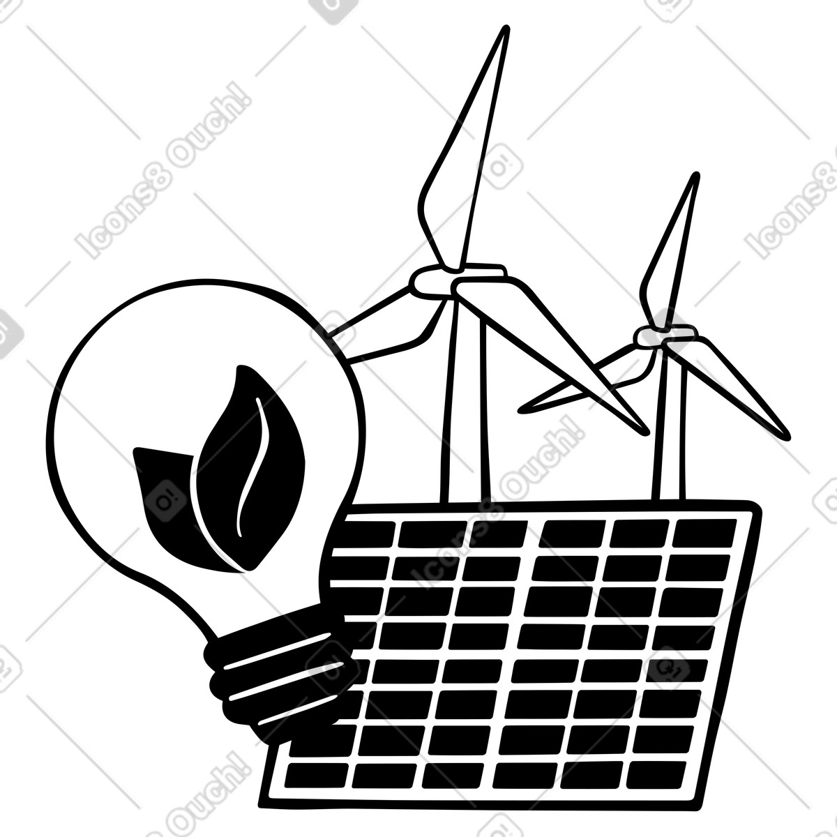 Ilustración Fuentes de energía verde: paneles solares y turbinas eólicas en estilo Journal a descargar en PNG SVG