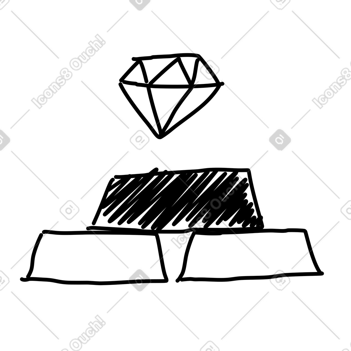 Diamond floating above stack of three gold bullion bars-Illustration im Rough Sketch-Stil als Download in PNG, SVG
