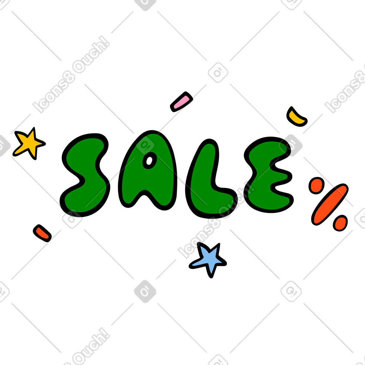 Sale text with percent, confetti and stars illustration in Comic style download in PNG, SVG