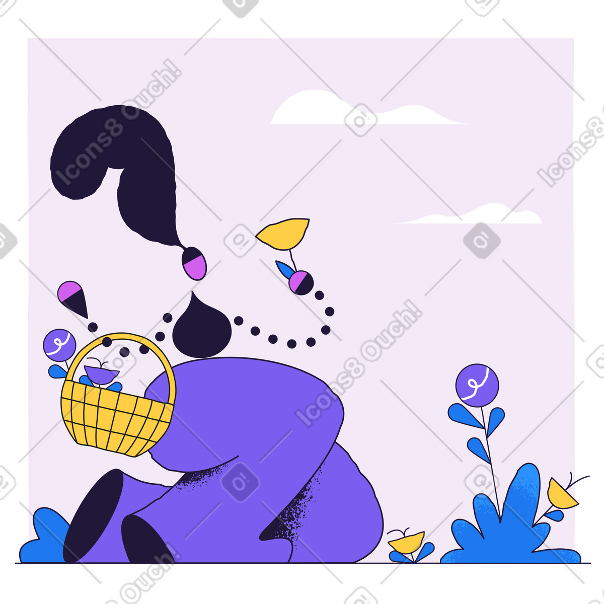 下载 Conifer 风格的 一名妇女在篮子里采摘鲜花 插画，支持 PNG、SVG 格式